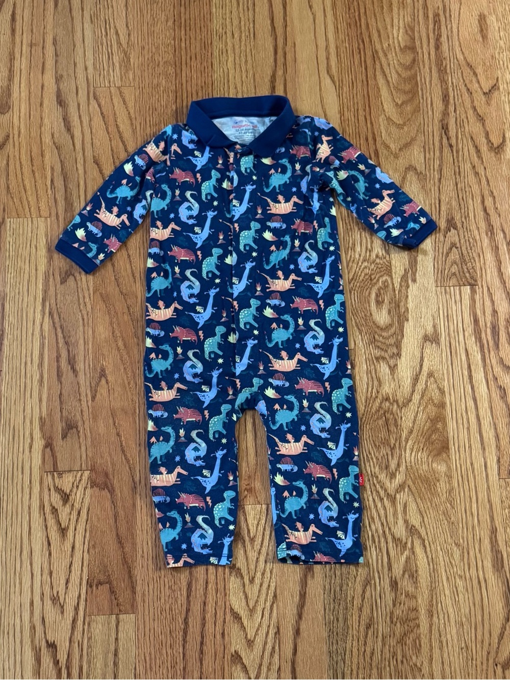 Magnetic Me Talon Ted Baby Boy Navy Long-Sleeve Dino Romper with Collar